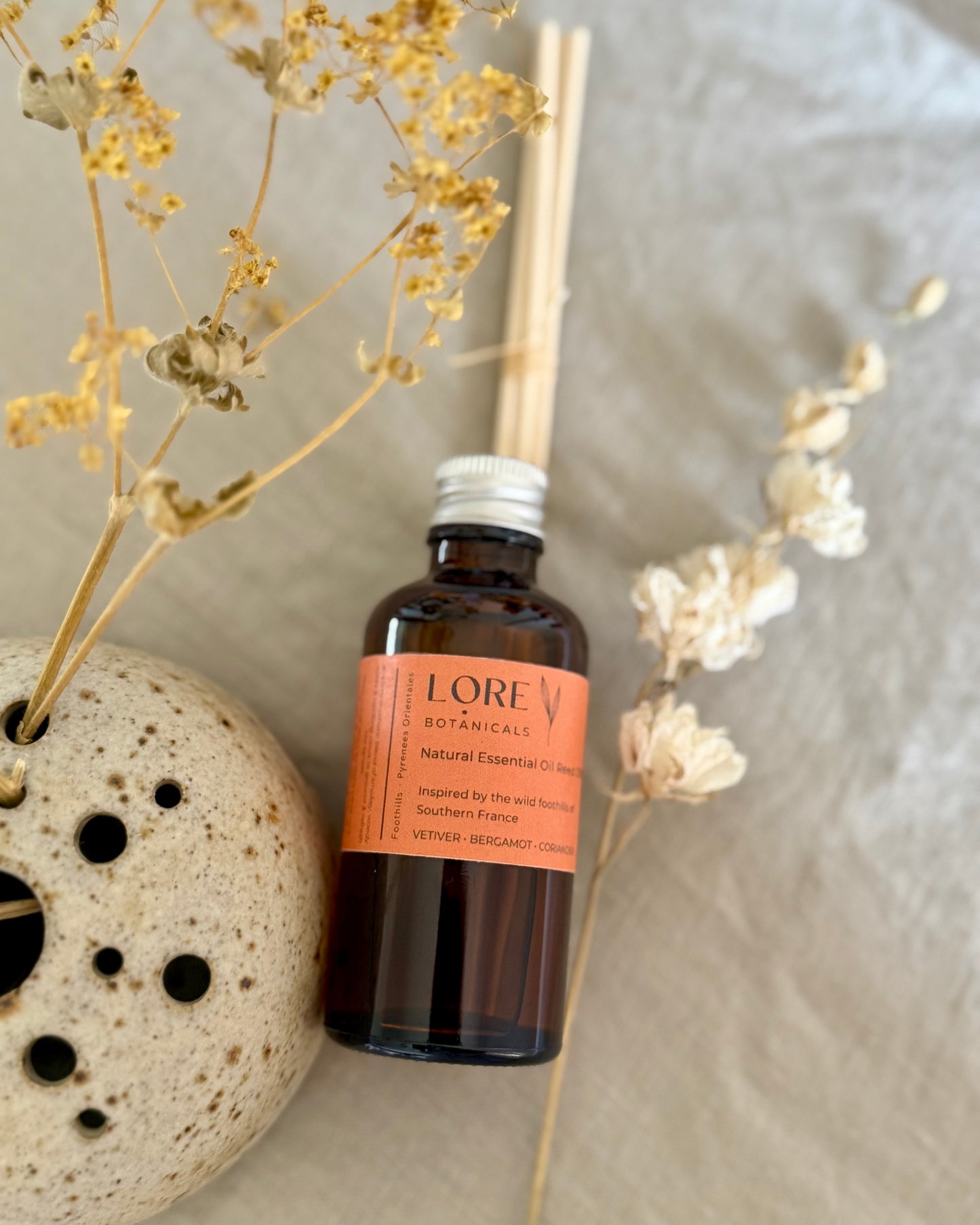 Inspired by the wild foothills of southern Europe, this essential oil reed diffuser blend has been lovingly formulated to transport the senses to the Pyrenees Orientales in France with its abundant & untamed flora & fauna.
Think wild & winding overgrown paths through the resinous aromatic foothills of southern France.
Main scent profile: Vetiver / Bergamot / Coriander Woody - Smokey - Aromatic
