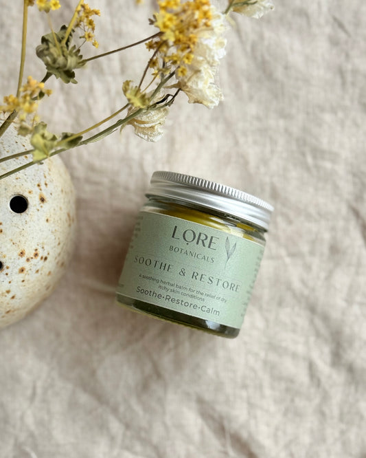 Soothe & Restore is a herbal infused balm for the relief of dry itchy skin conditions such as eczema and psoriasis.
This balm is packed with herbs renowned for their ability to aid skin health, reduce inflammation and relieve dry sore skin.