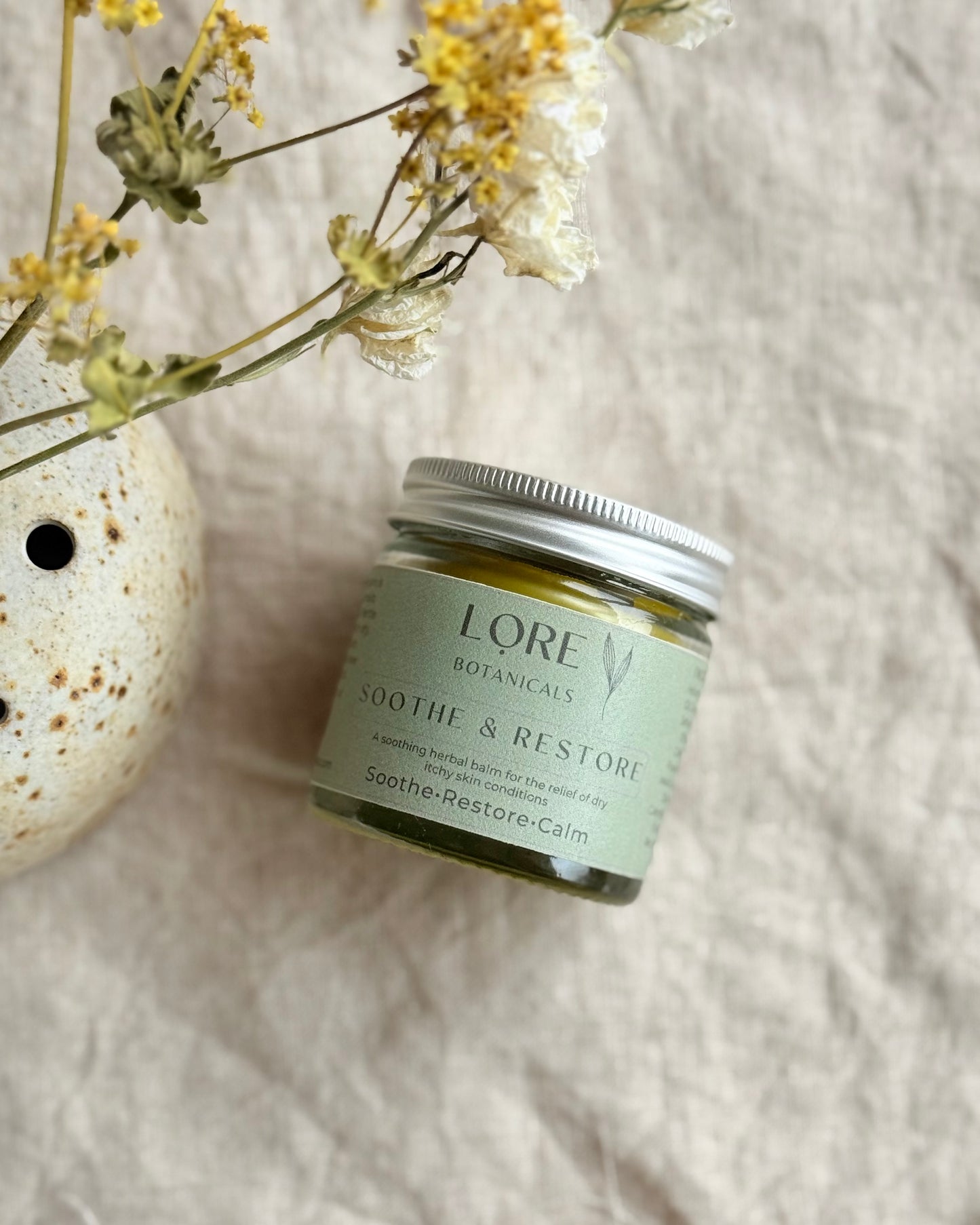 Soothe & Restore is a herbal infused balm for the relief of dry itchy skin conditions such as eczema and psoriasis.

This balm is packed with herbs renowned for their ability to aid skin health, reduce inflammation and relieve dry sore skin. 