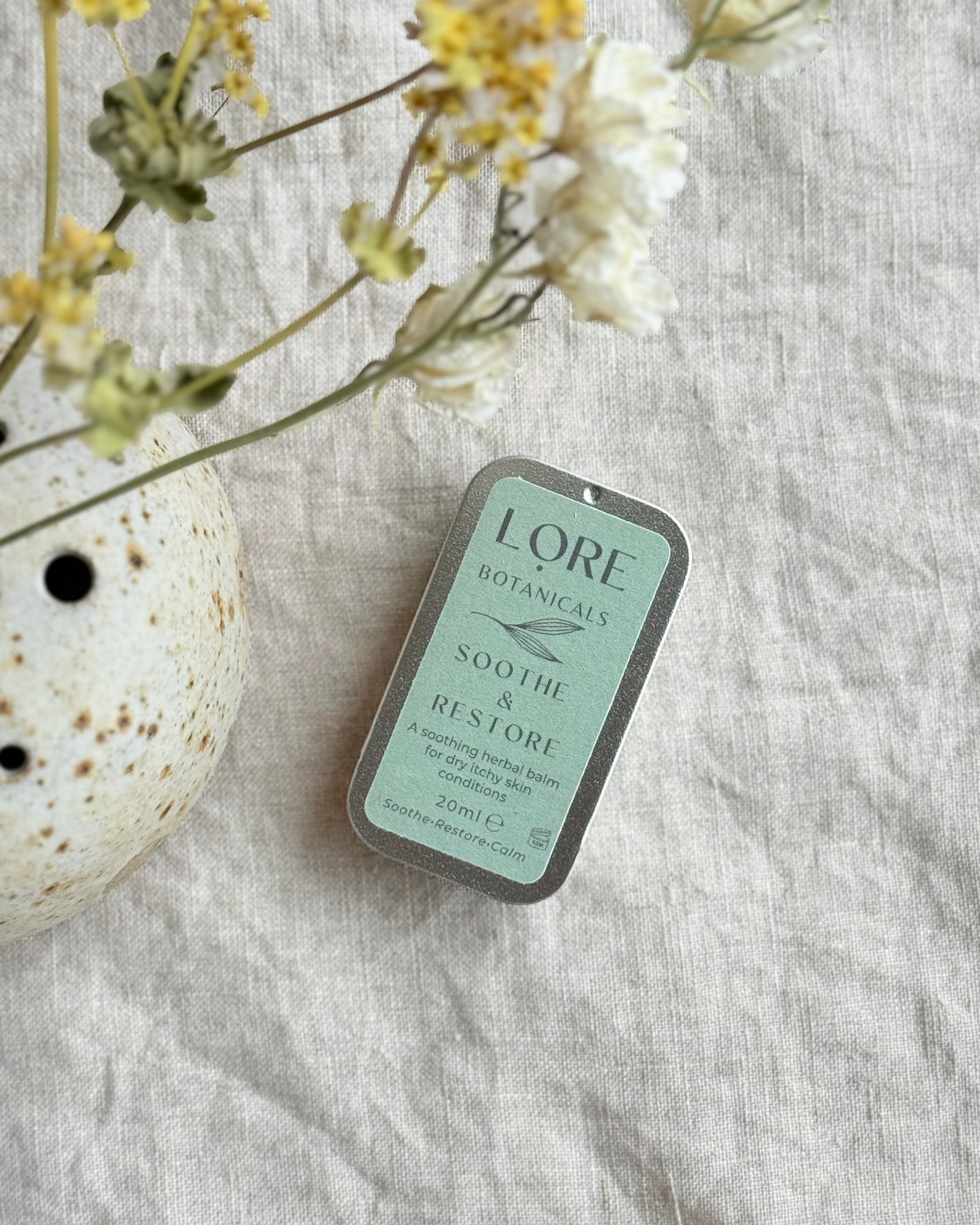 Soothe & Restore is a herbal infused balm for the relief of dry itchy skin conditions such as eczema and psoriasis.

This balm is packed with herbs renowned for their ability to aid skin health, reduce inflammation and relieve dry sore skin. 