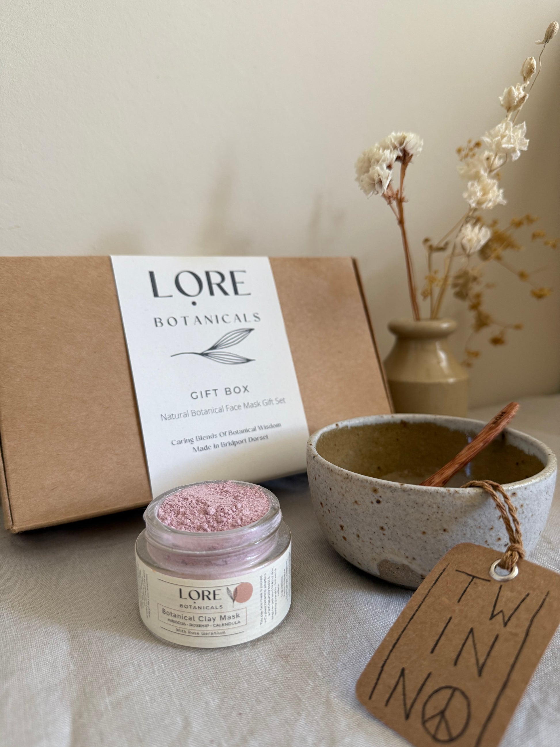 natural botanical clay mask gift box with hand made ceramic bowl and mini wooden  coconut spoon 